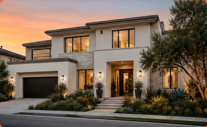 Modern home at sunset